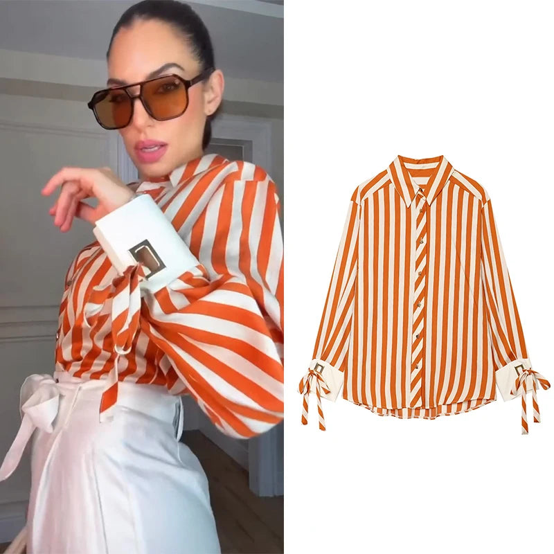 Women's Striped Collared Long Sleeve Shirt