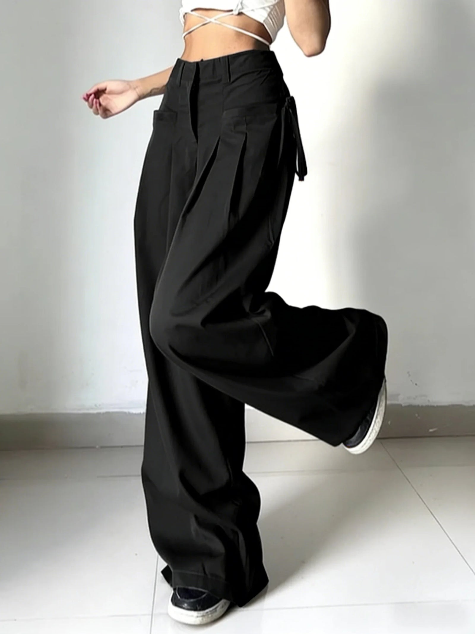Women's Black Wide Leg Pants with Pleats and Side Waist Ties