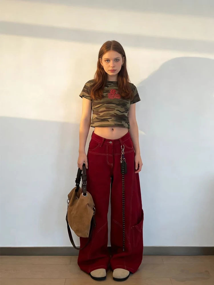 Women's Red Cargo Pocket Wide Leg Denim Jeans