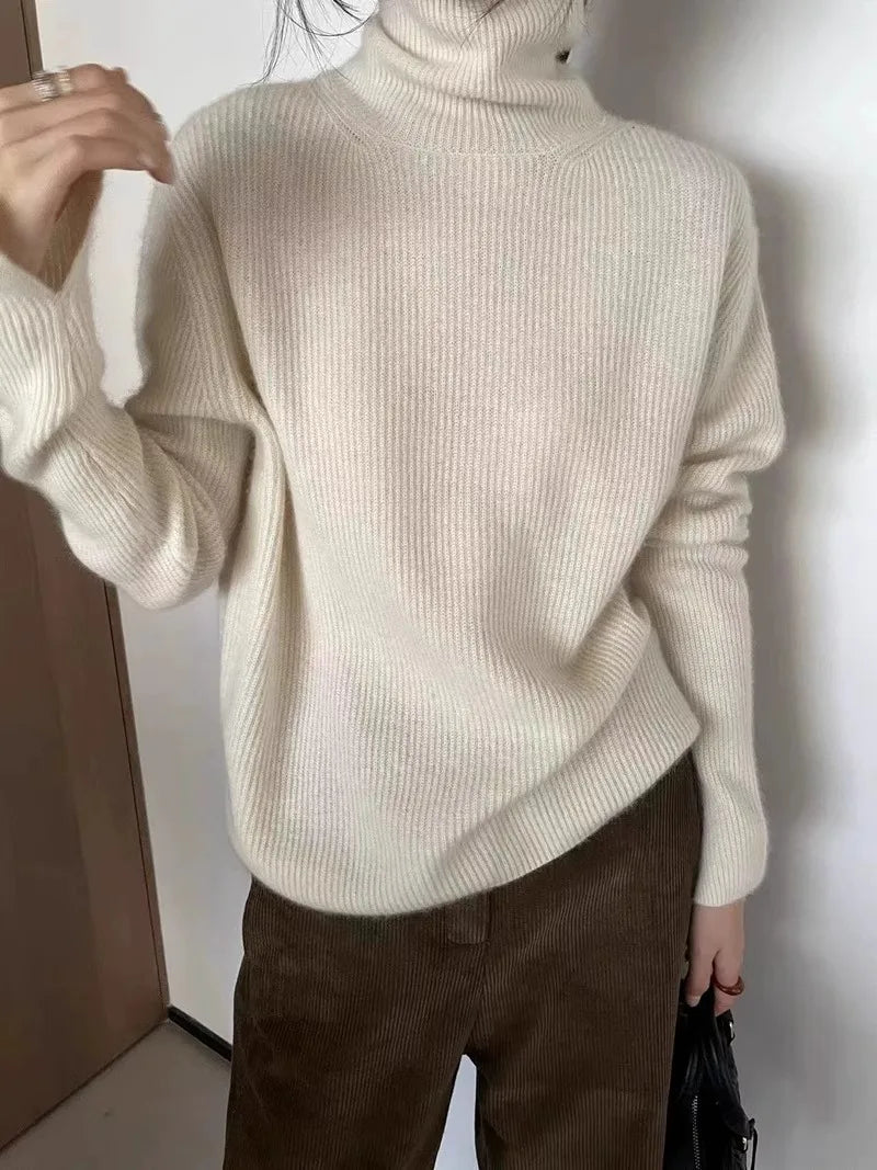 Foreign style autumn and winter turtleneck 100% pure cashmere sweater women lazy loose thick jumper knitted wool base shirt
