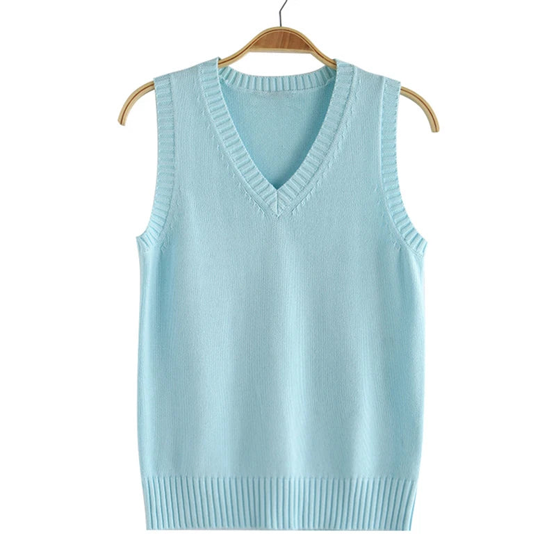 Women's Cotton-Polyester Sleeveless V-Neck Regular-Fit Knit Pullover Vest for Preppy Layered Outfits
