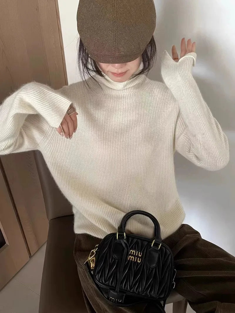 Foreign style autumn and winter turtleneck 100% pure cashmere sweater women lazy loose thick jumper knitted wool base shirt