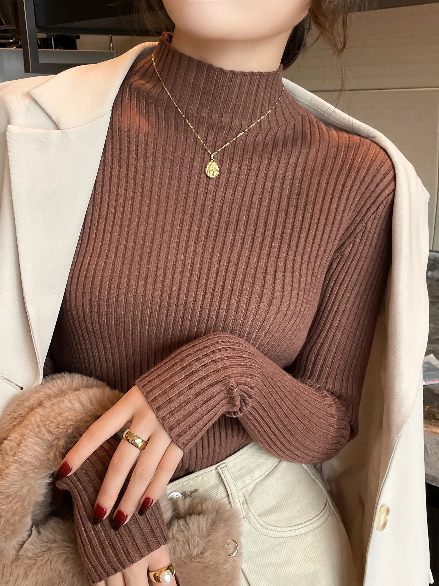Women's Ribbed Mock Neck Long Sleeve Sweater Casual Knit Layer