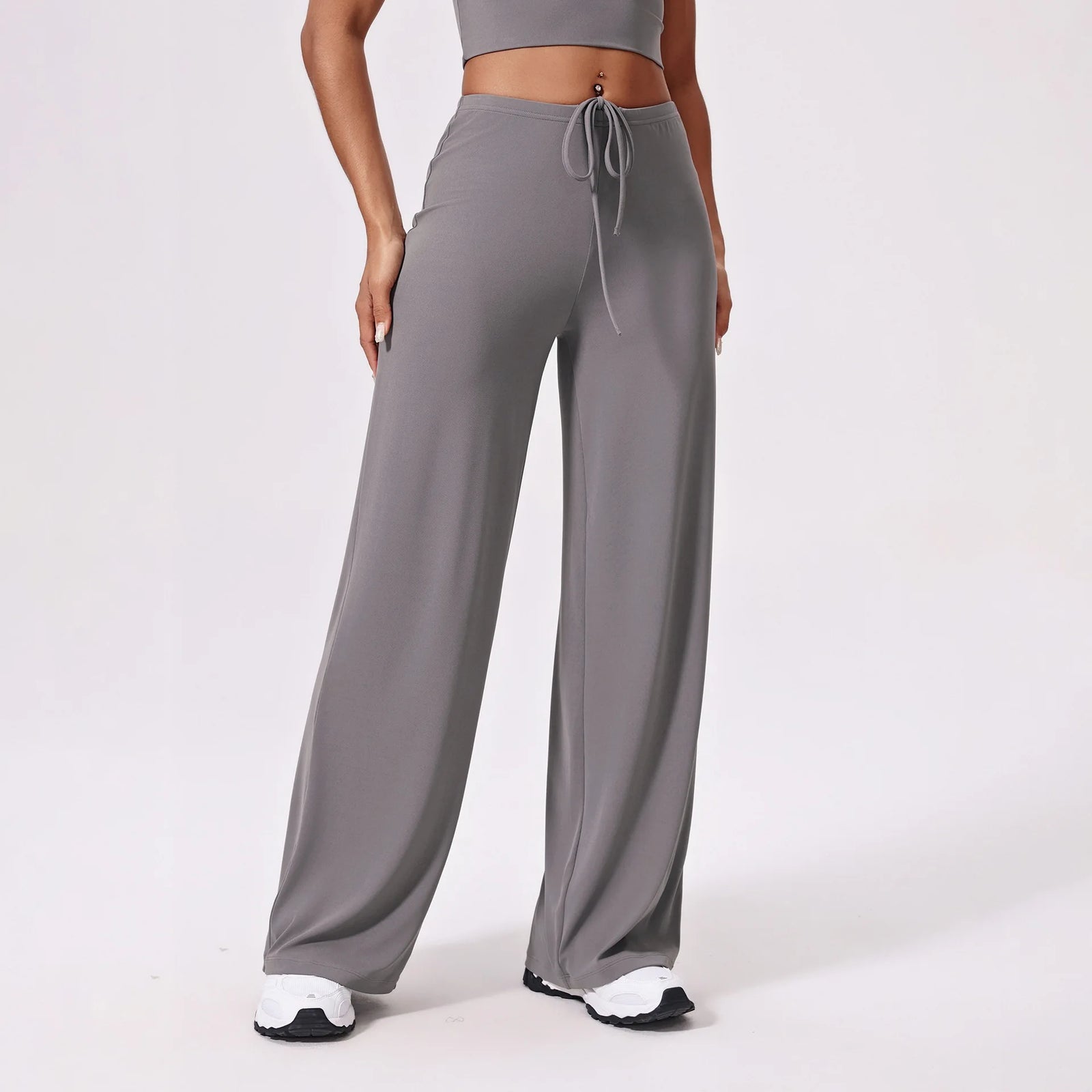 Women's High Waist Nylon Blend Palazzo Pants with Flowing Wide Legs