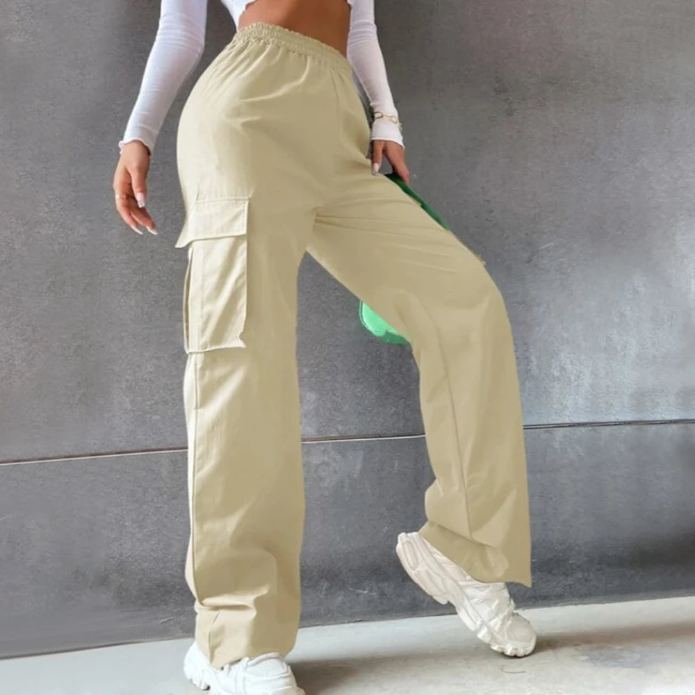 Women's Wide Leg Cargo Pants with Elastic Waist and Flap Pockets