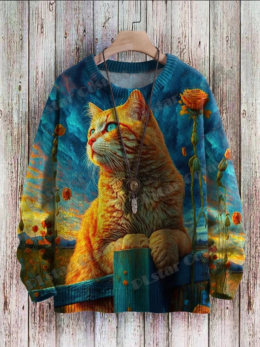 Men's Cat Print Crew Neck Long Sleeve Sweater