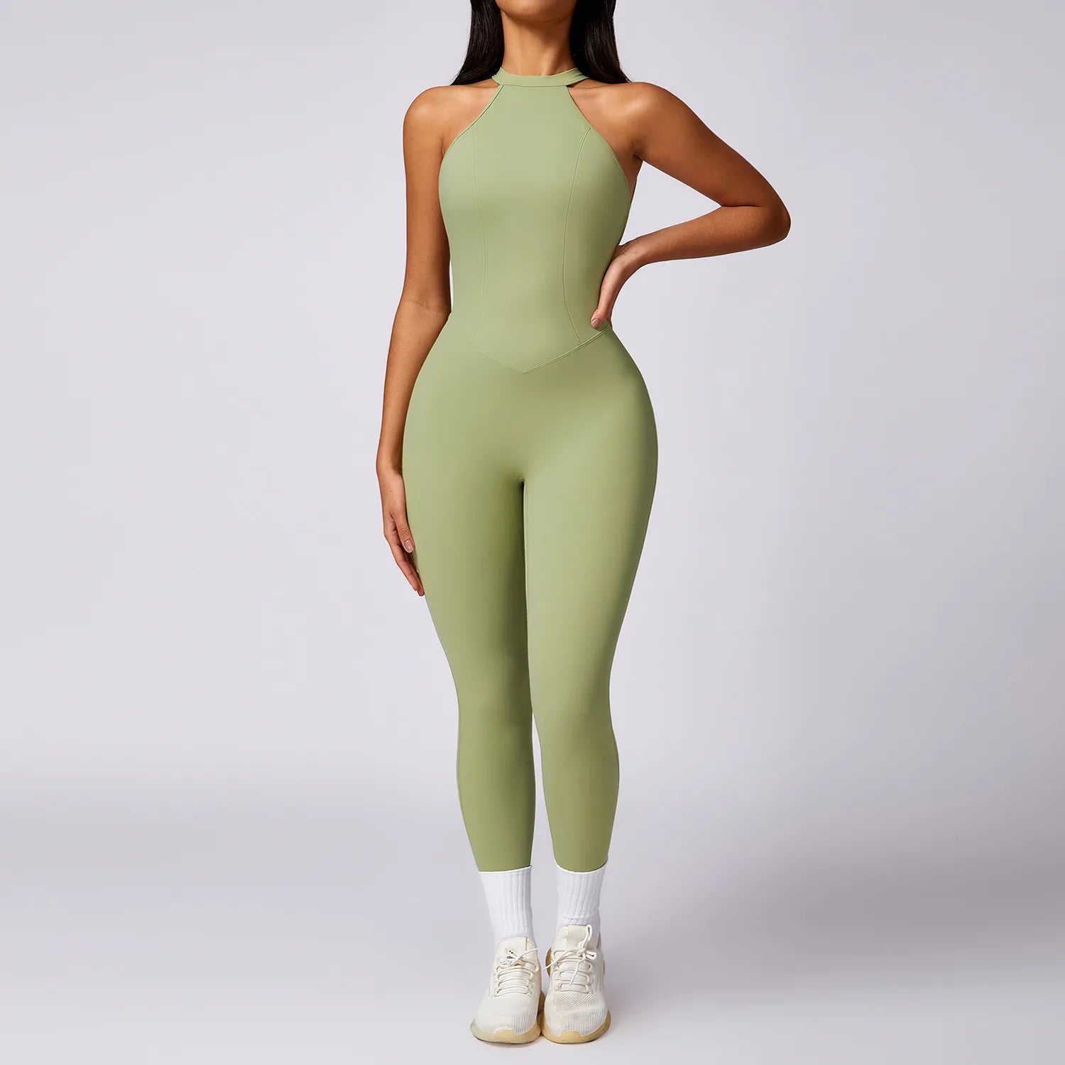 Women's Halter Neck Nylon Blend Workout Jumpsuit with Low V Back