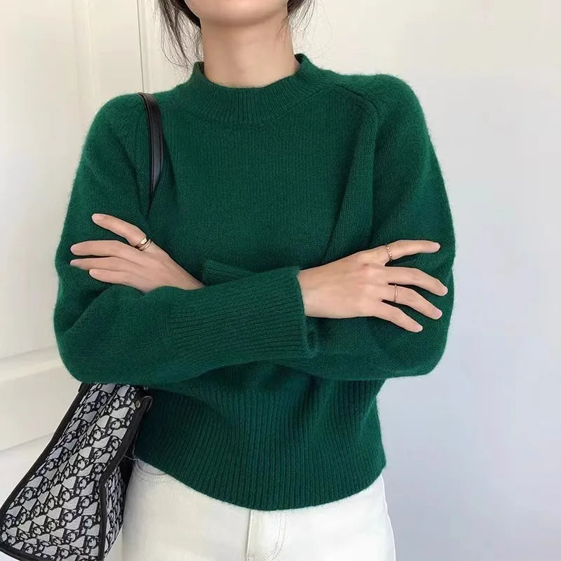 Pure wool retro sweater crewneck pullover short knitwear women's top trend