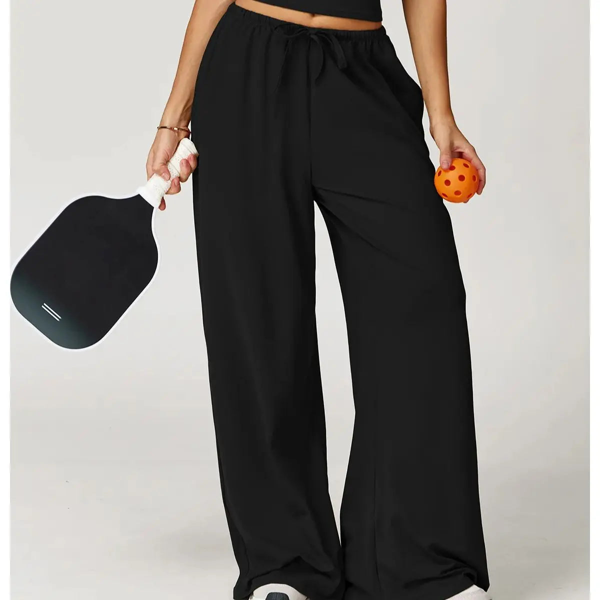 Women's Drawstring Waist Polyester Blend Palazzo Pants with Loose Wide Legs