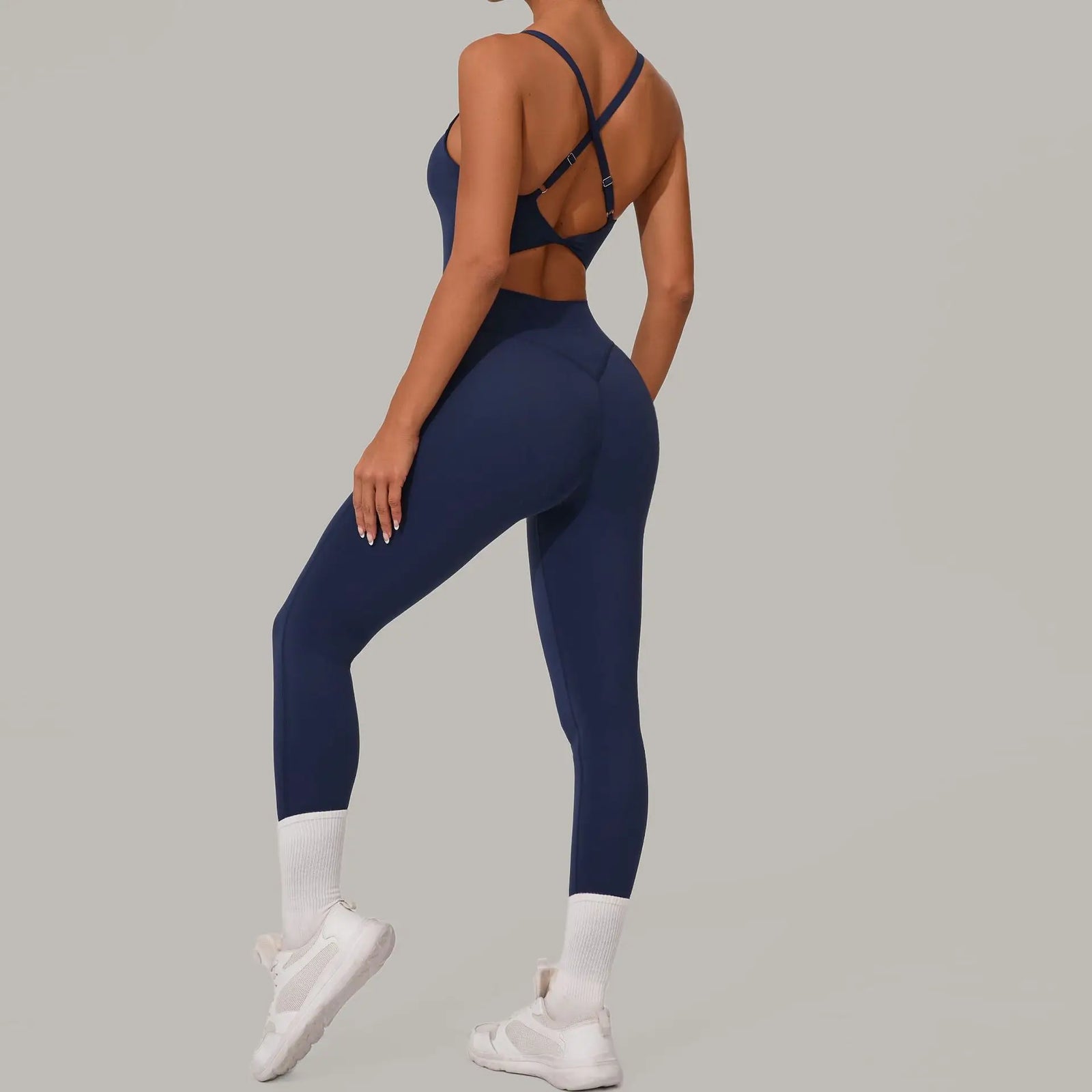Women's Thin Strap Workout Jumpsuit with Crisscross Back and Fitted Legs