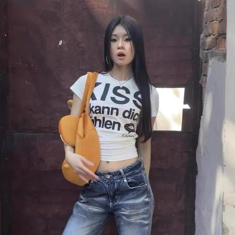 Letter Graphic Crew Neck Short Sleeve Cropped Casual Top