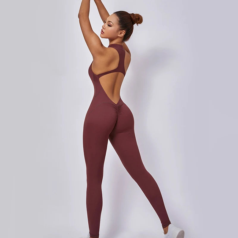 Women's Sleeveless Nylon Blend Zip Front Workout Jumpsuit with Open Back