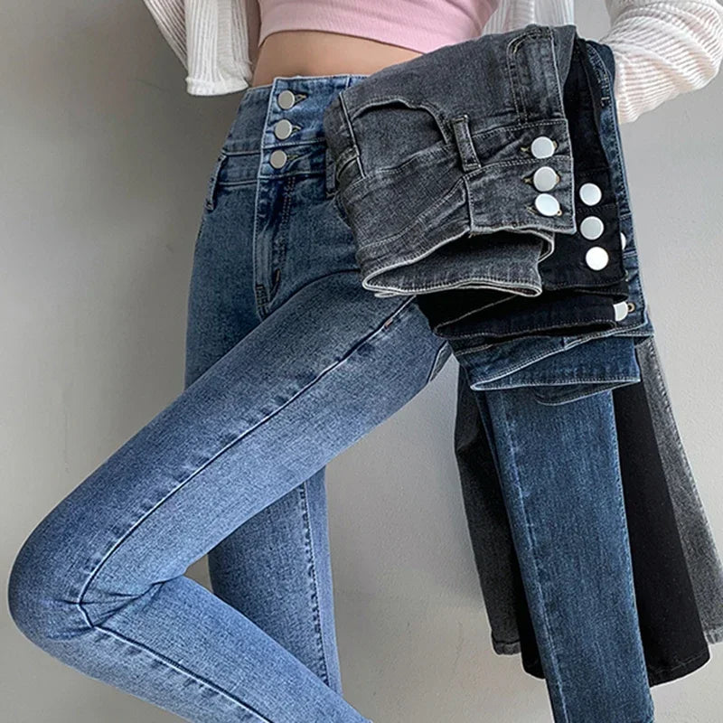 Women's Multiple Button Blue Flared Leg Denim Jeans
