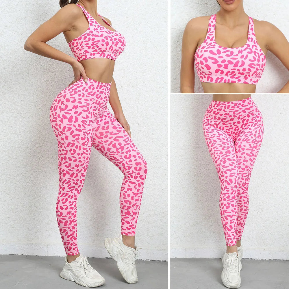 Women's Leopard-Print Sports Bra and Leggings Workout Set