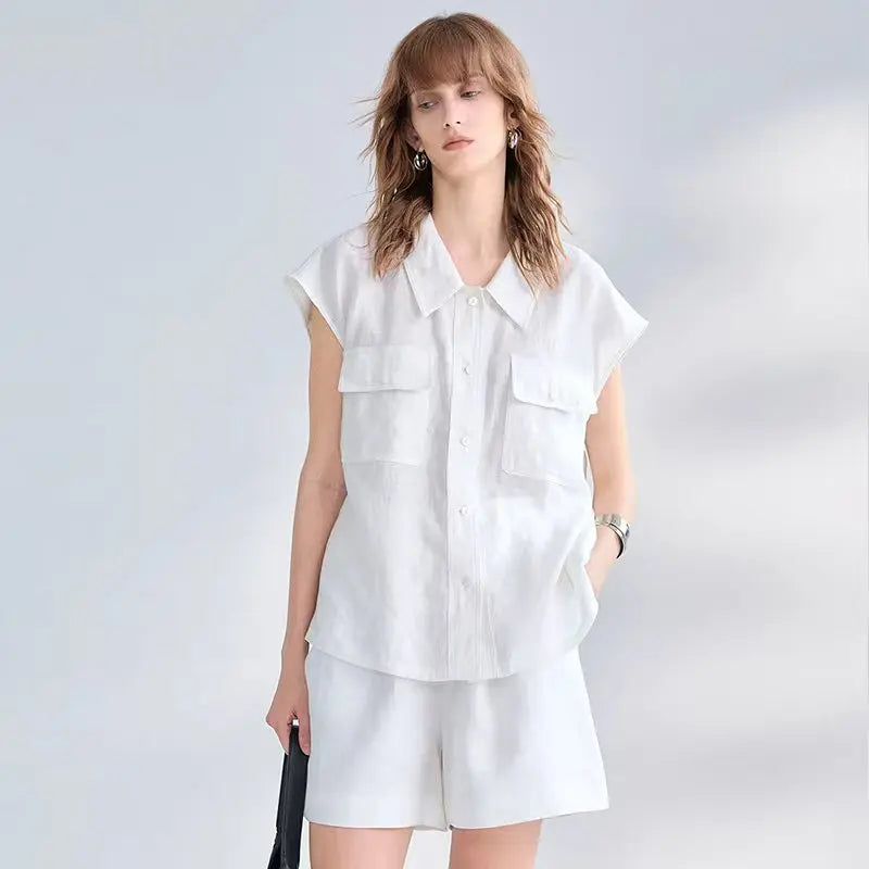 Women's Linen Collared Loose Button-Up Shirt with Front Pockets and Dropped Shoulders