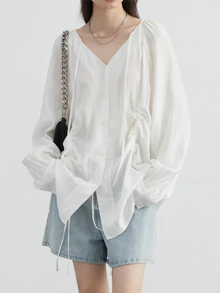 Women's V Neck Loose Blouse with Tie Cuffs