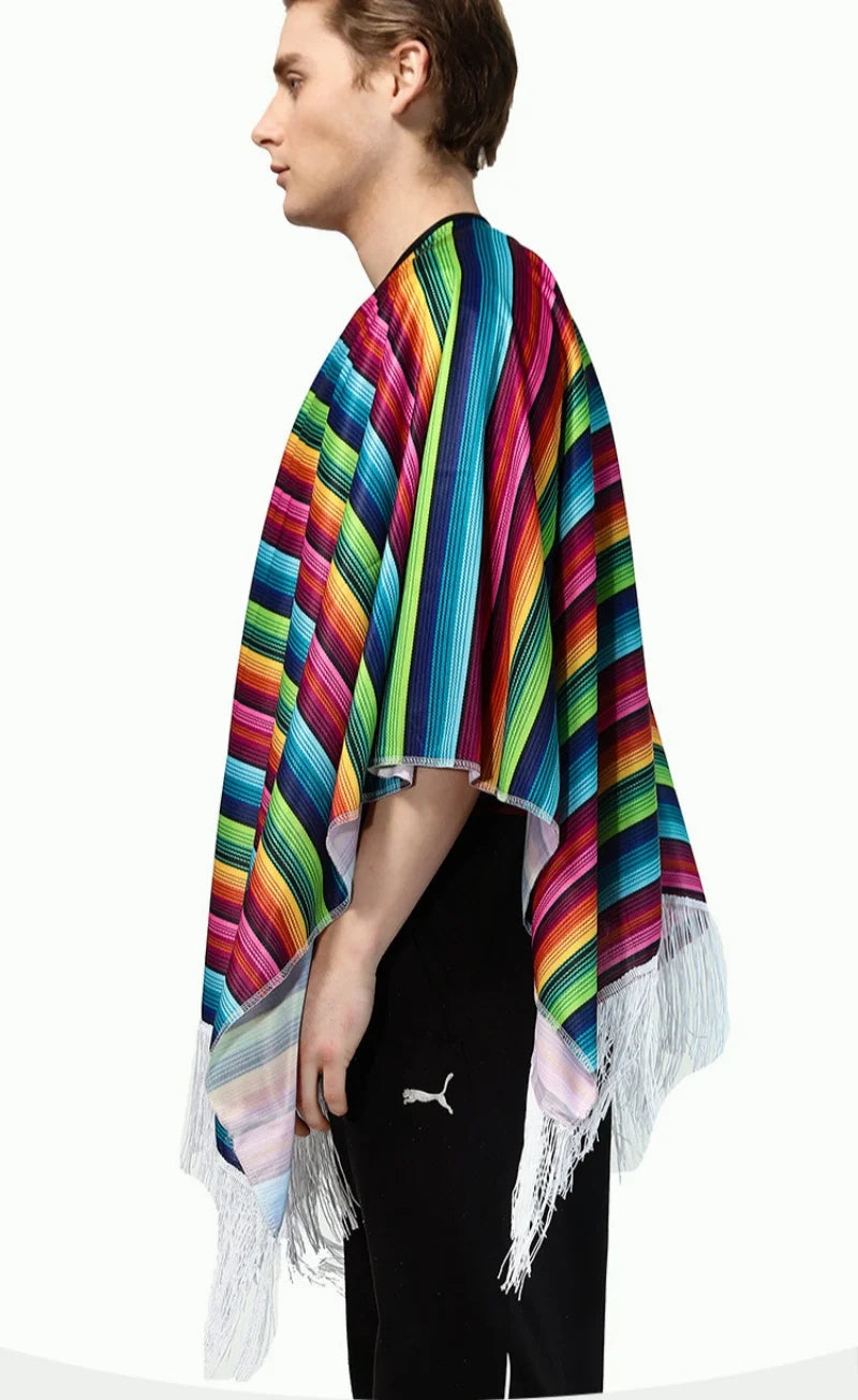 Rainbow Stripe Fringe Poncho for Layering over Outfits