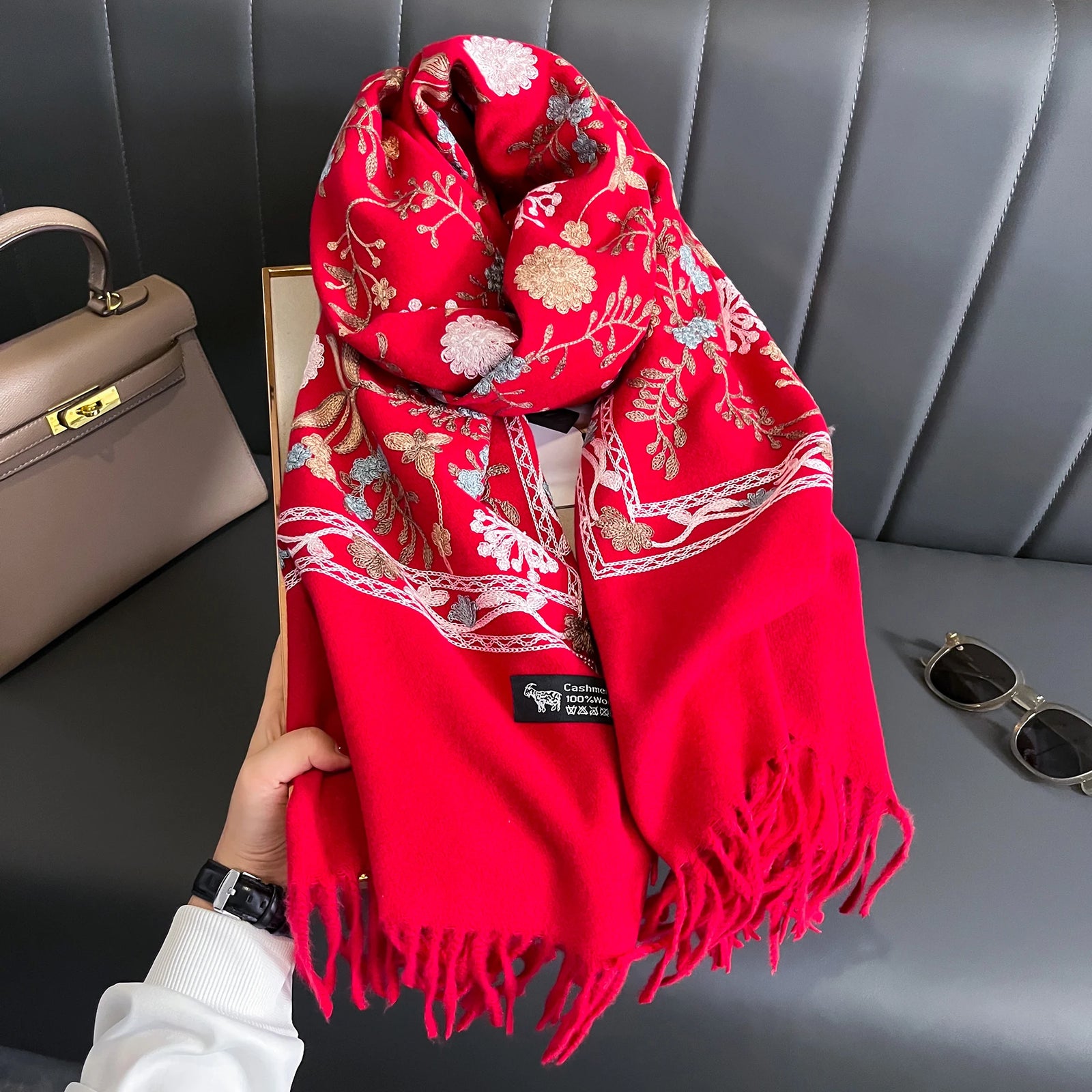 Patterned Fringed Scarf with Decorative Floral Embroidery Design