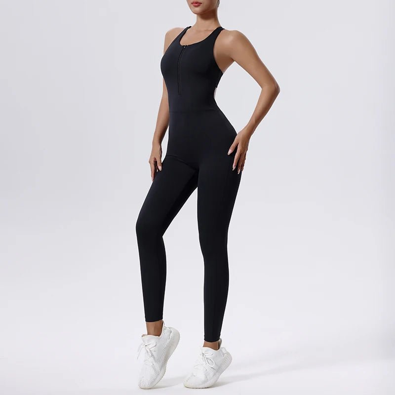 Women's Sleeveless Nylon Blend Workout Jumpsuit with Front Zipper and Back Cutout