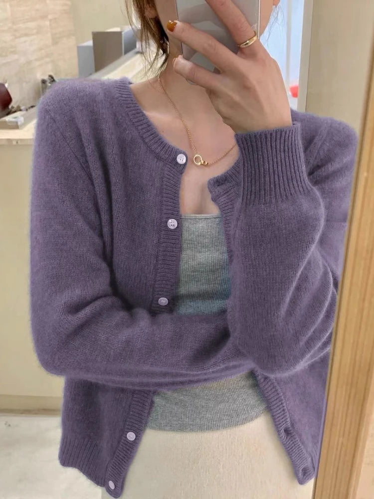 Women's Crew Neck Button Front Cardigan Casual Knit Layer
