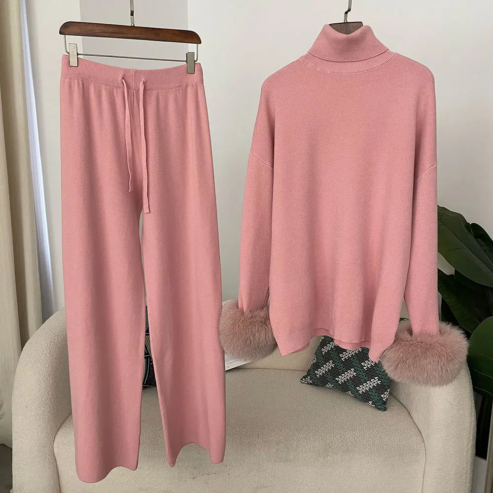 Women's Knit Long-Sleeve Zip-Front Top and Pants Set with Fox-Fur Cuff Trim