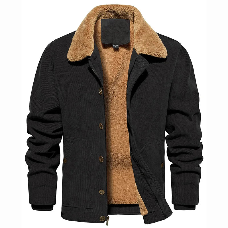 Men's Winter Corduroy Jacket Fleece Warm Lined Cargo Work Jacket Casual Thick Sherpa Collar Trucker Deck Navy Coats