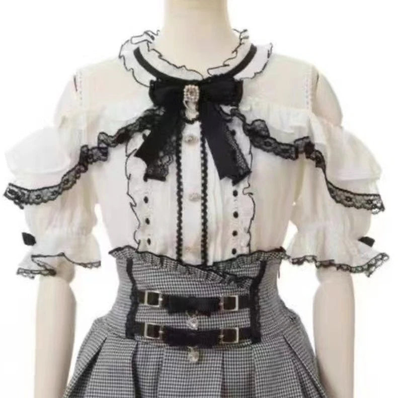 Women's Lace Trim Sailor Collar Short Sleeve Blouse
