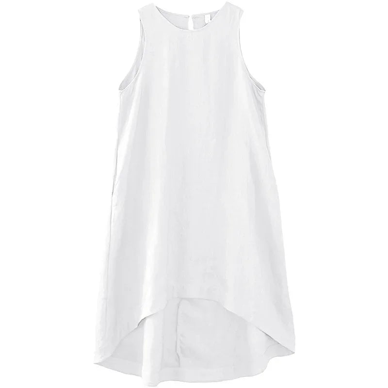 Women's Linen Sleeveless Loose A-Line Dress with Round Neck and Asymmetric Hem