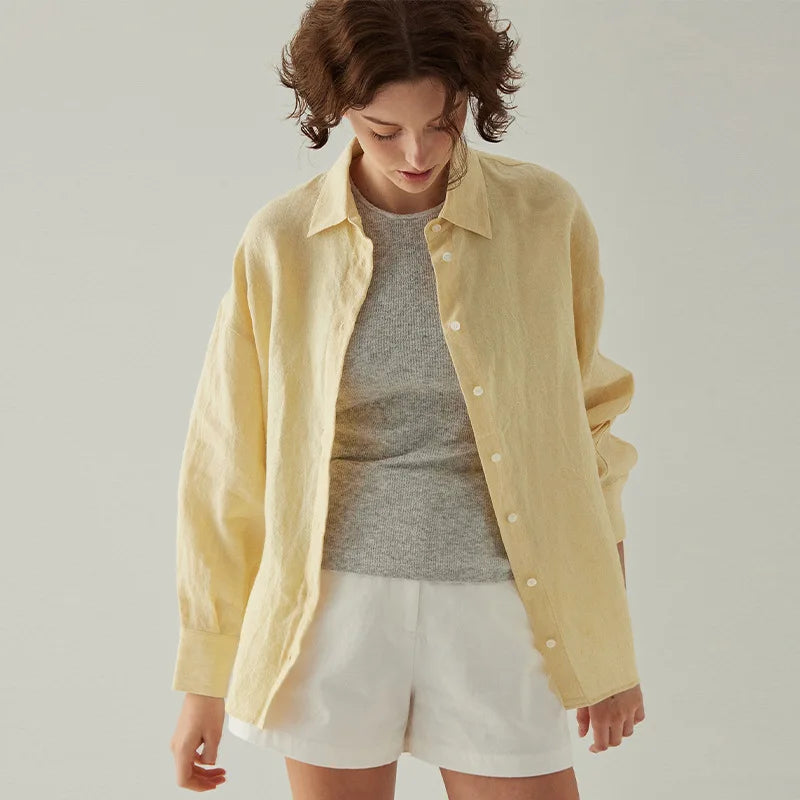 Women's Linen Long-Sleeve Button-Up Shirt with Loose Fit for Casual Everyday Outfits