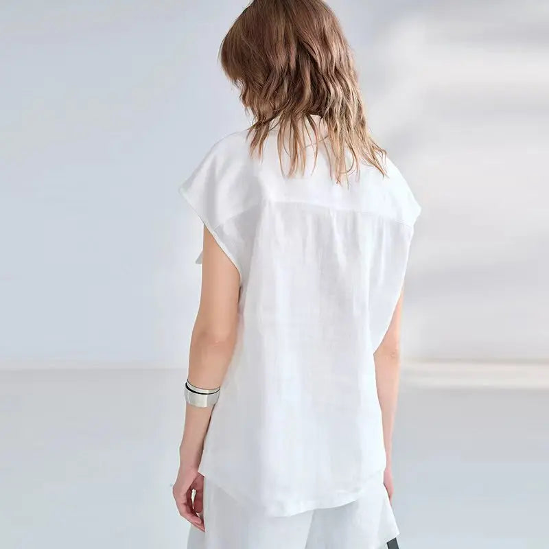 Women's Linen Collared Loose Button-Up Shirt with Front Pockets and Dropped Shoulders