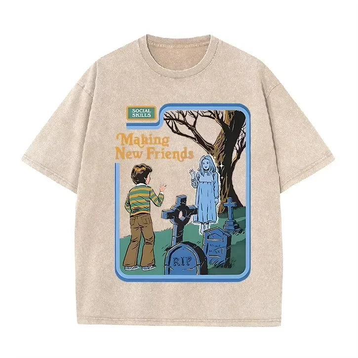 Green Acid Wash Making Friends Ghost Cemetery Vintage Halloween Tee