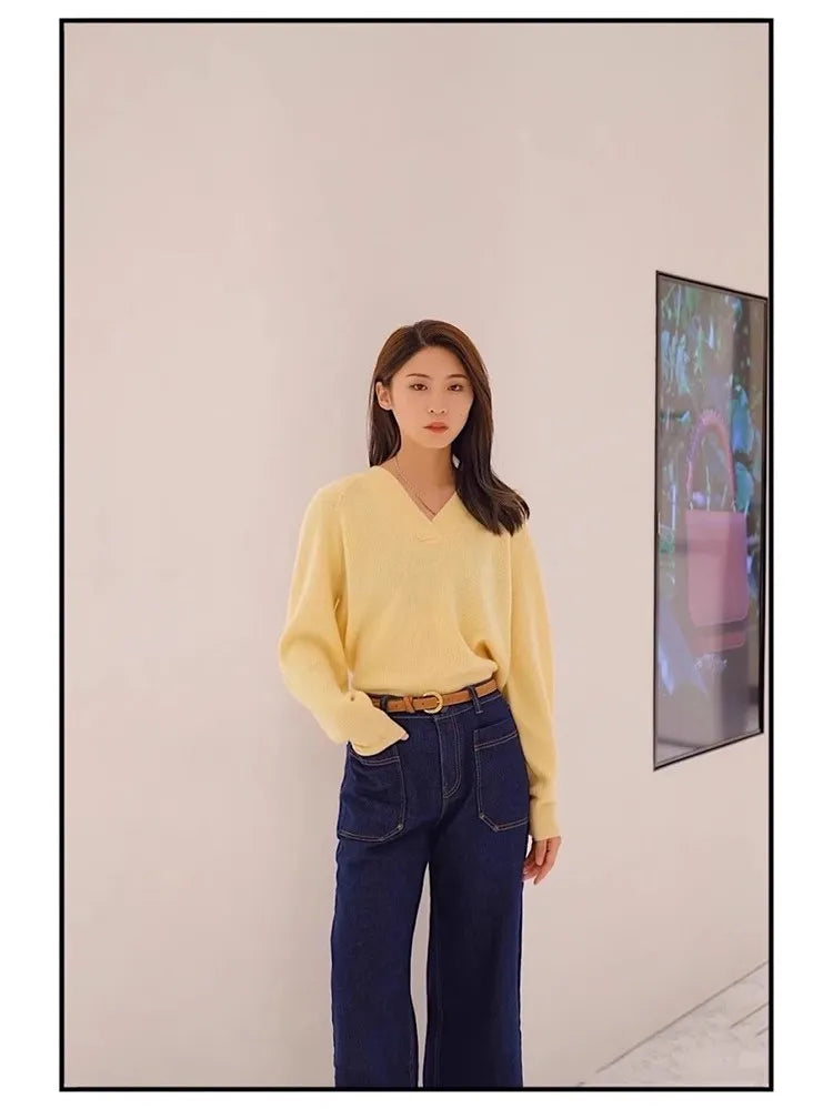 V-neck pure cashmere sweater women autumn and winter loose and versatile knitted sweater short wool base layer