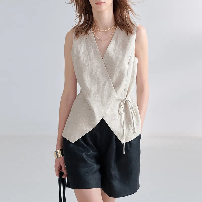 Women's Linen Sleeveless V-Neck Vest Top with Waist Tie for Summer Outfits
