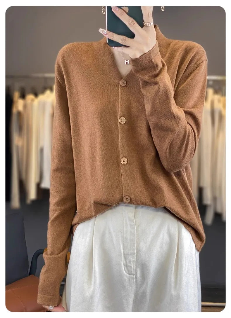 Light luxury retro style! V-neck pure cashmere knit cardigan women's autumn and winter loose wool top bottom sweater coat