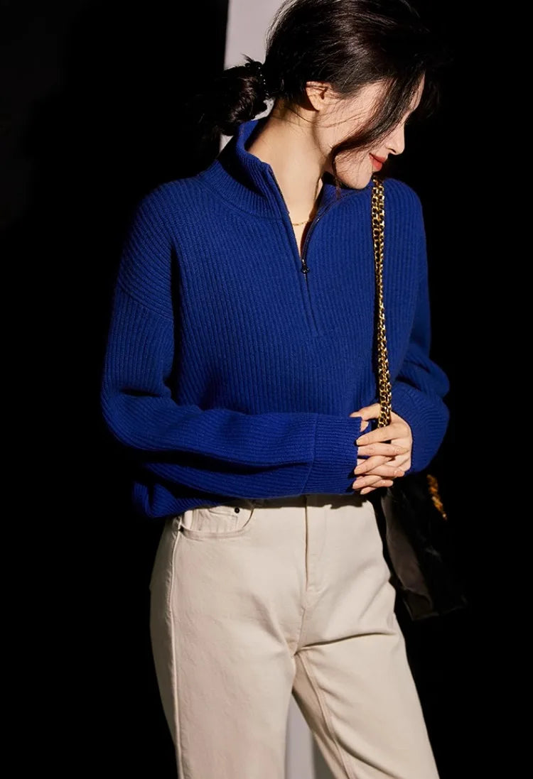 100% pure cashmere sweater women's half zip stand collar thick loose lapel pullover sweater