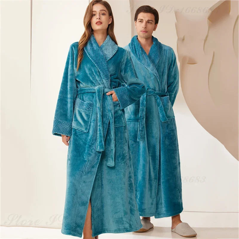 Long Flannel Fleece Tie Waist Bathrobe with Pockets