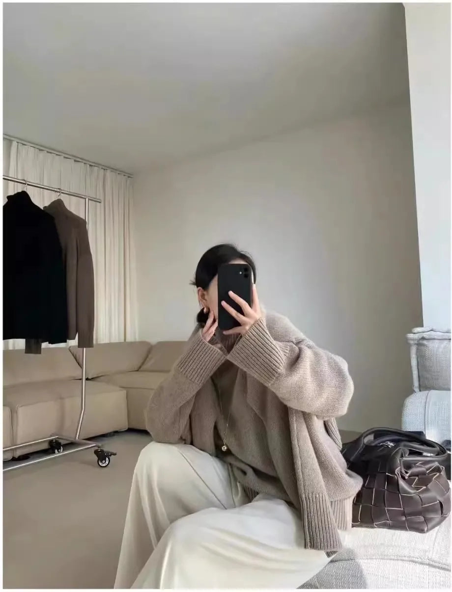 100% pure cashmere sweater for women high-neck sweater loose and thickened silhouette sweater