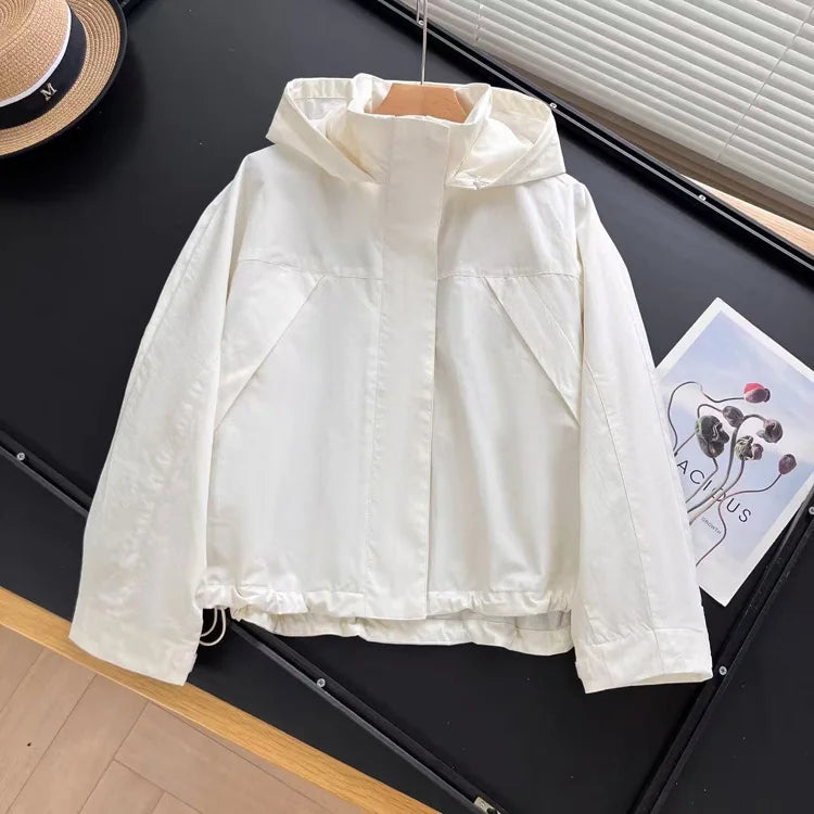 Women's Hooded Zip Front Drawstring Hem Jacket for Layered Outfits