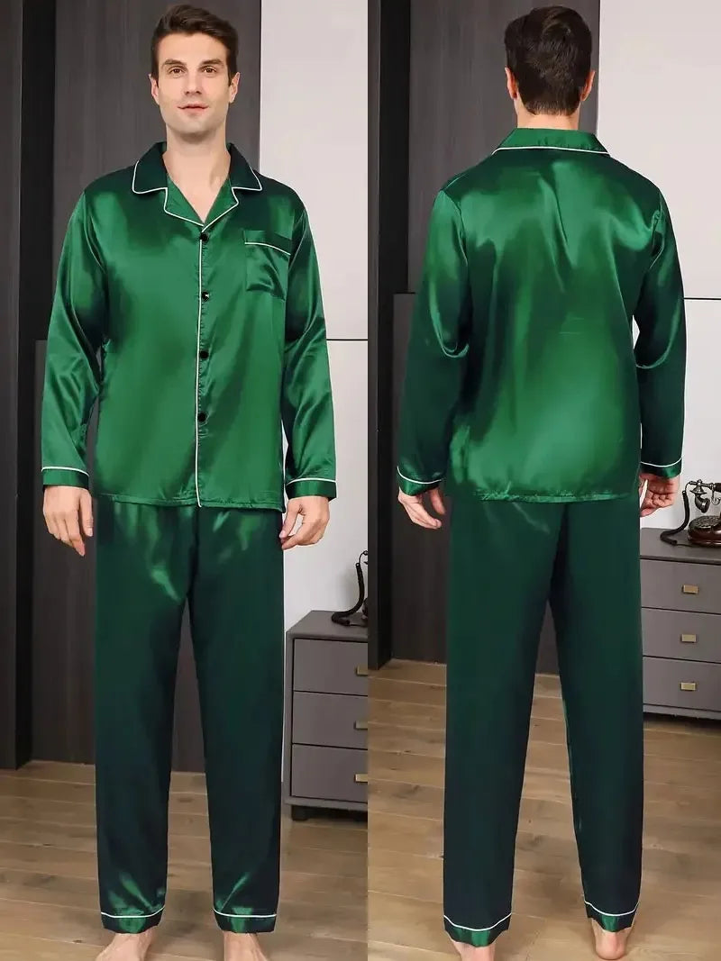 Men's Satin Look Button Front Shirt and Pants Pajama Set