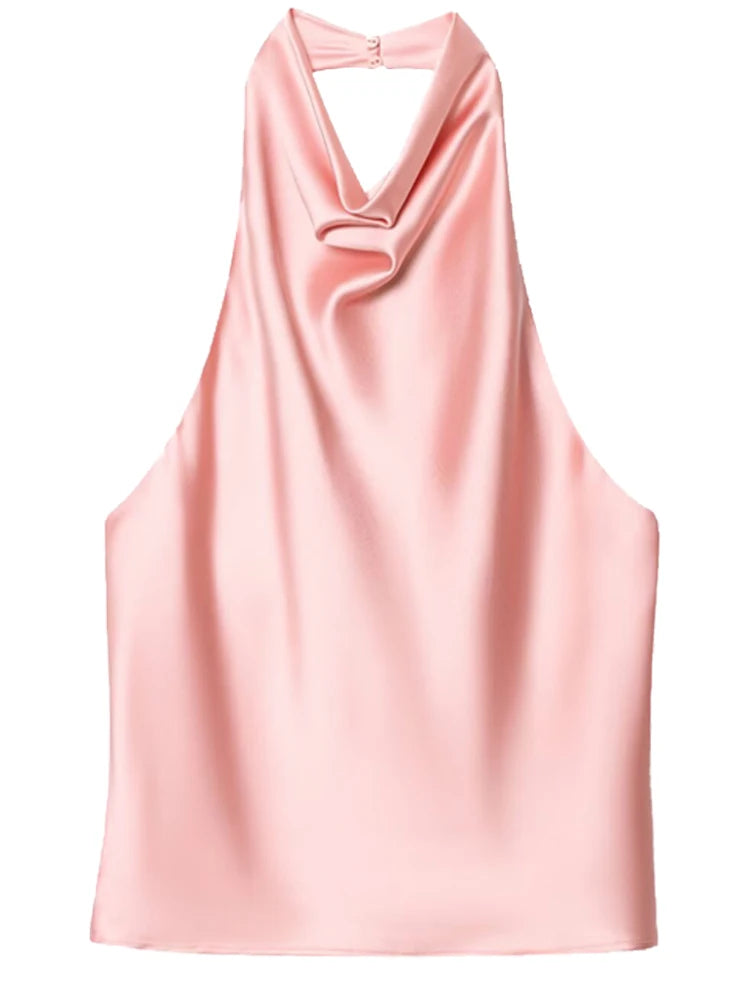 Women's Satin Polyester Halter Camisole with a Draped Front and Open Back