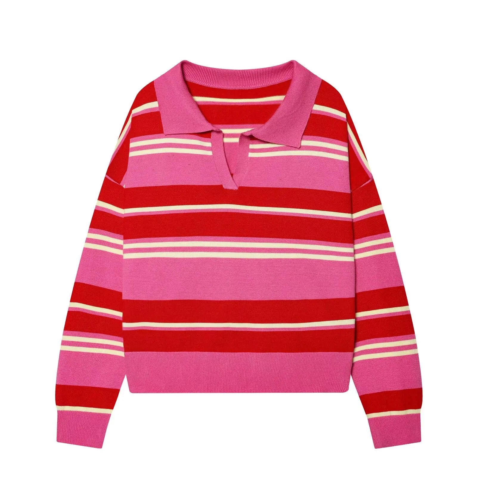 Women's Striped Polo Collar Loose Fit Sweater Casual Knit Layer