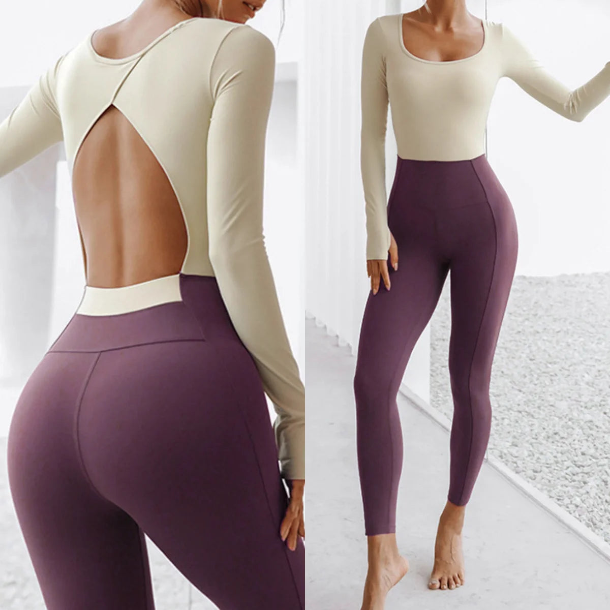 Women's Long Sleeve Colorblock Nylon Blend Workout Jumpsuit with Open Back