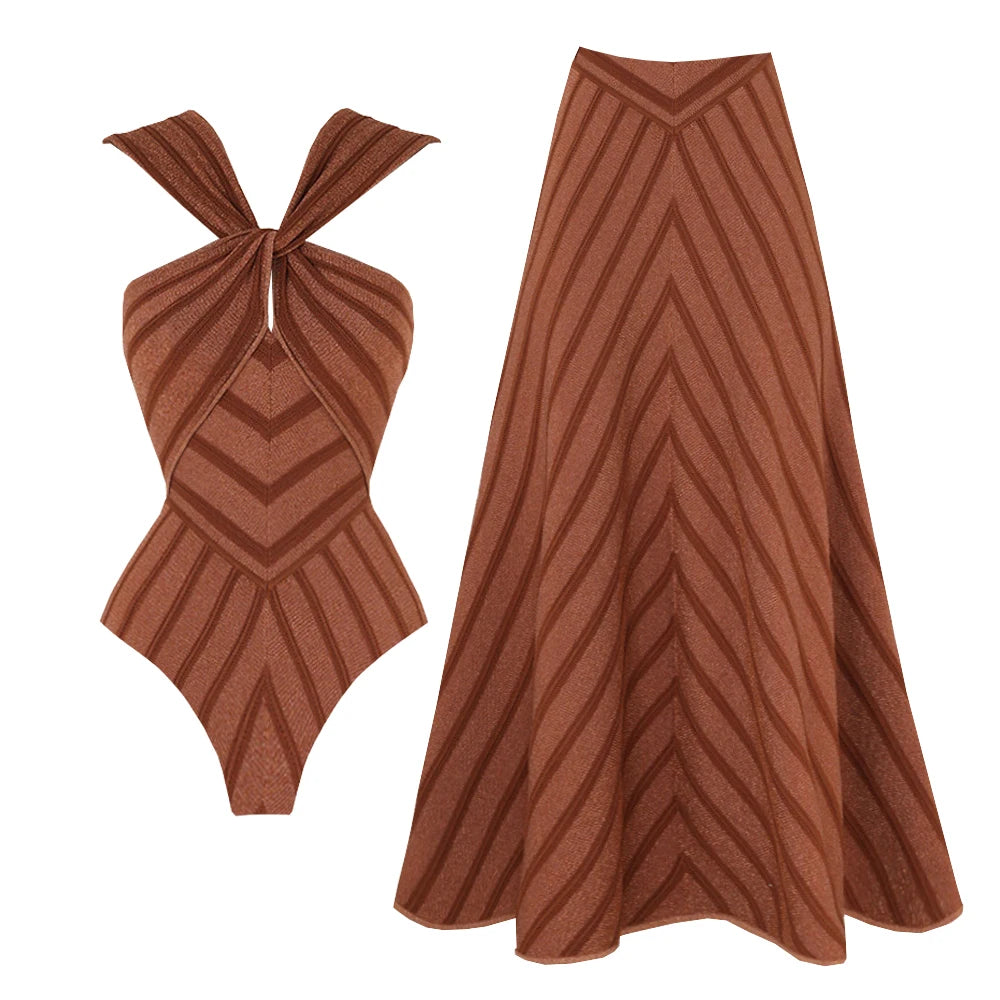 Striped Cutout One-Piece Swimsuit with Long Skirt