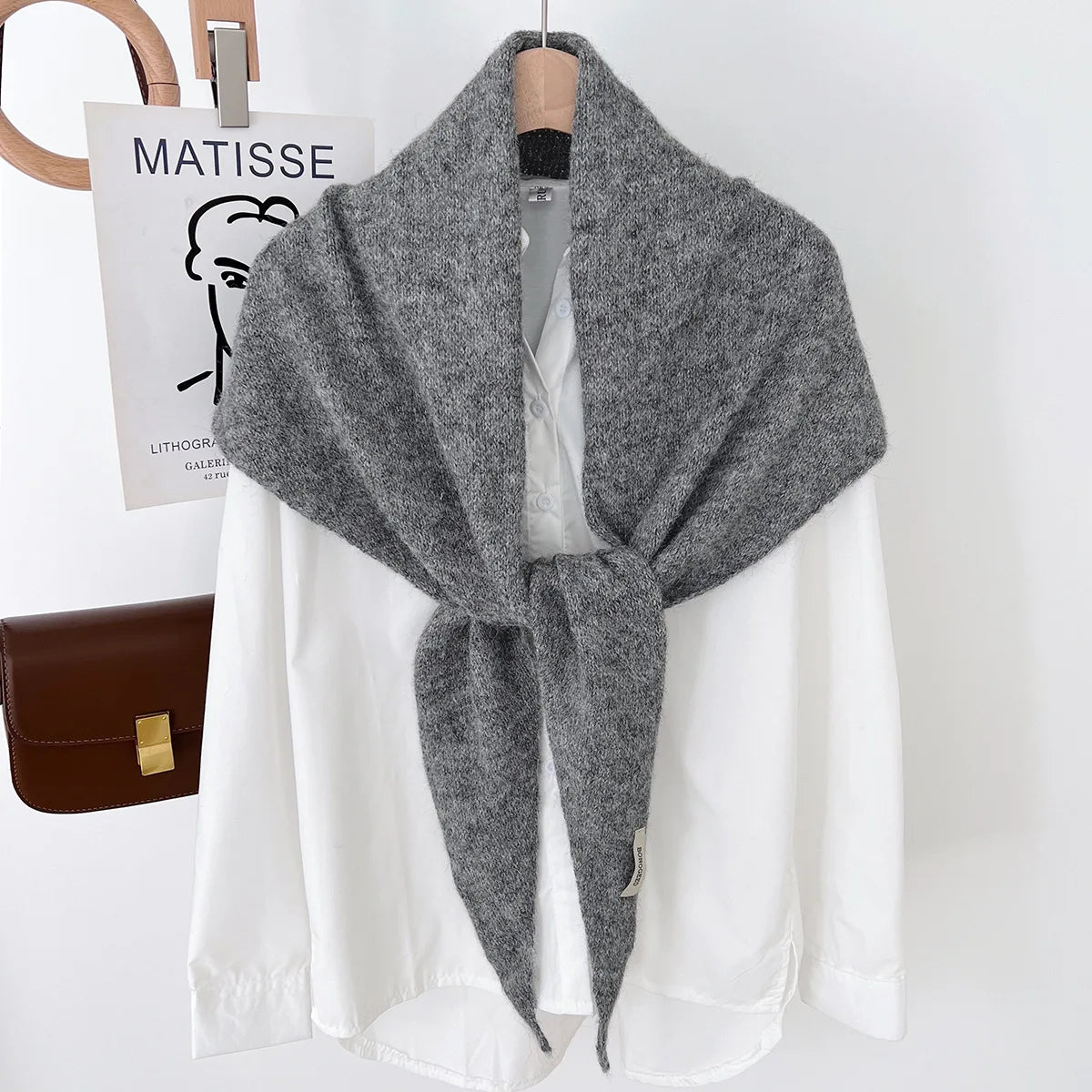 Solid Knitted Triangle Scarf with Long Pointed Ends