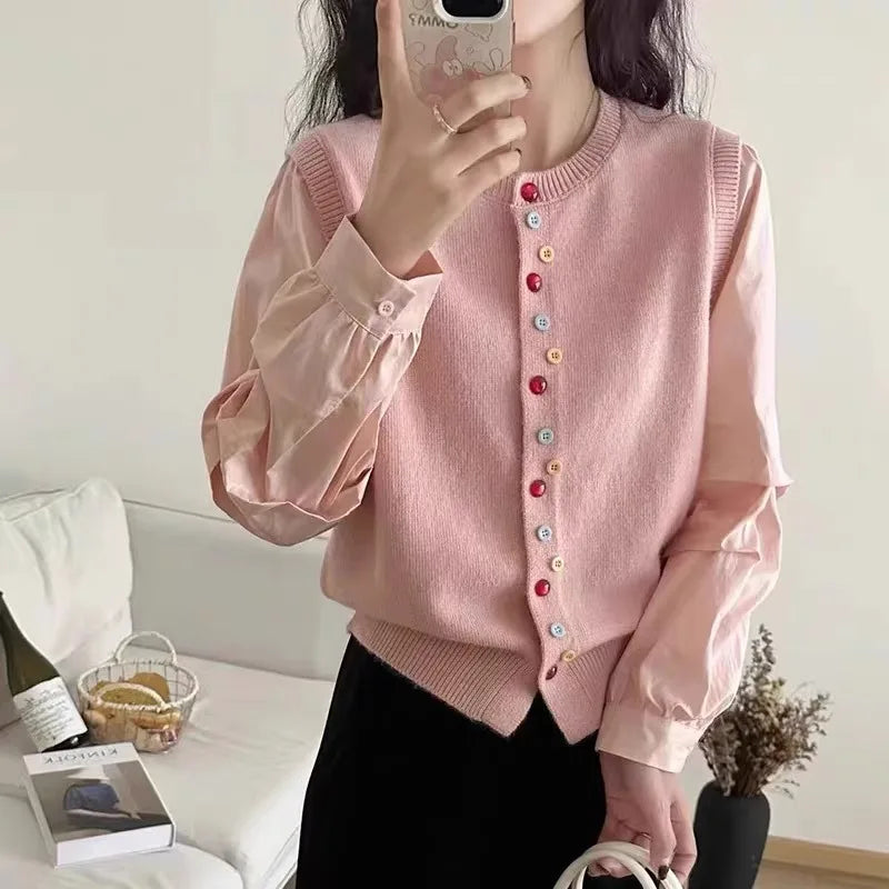 European goods color button cashmere knit vest cardigan women spring and autumn new round neck sleeveless sweater vest