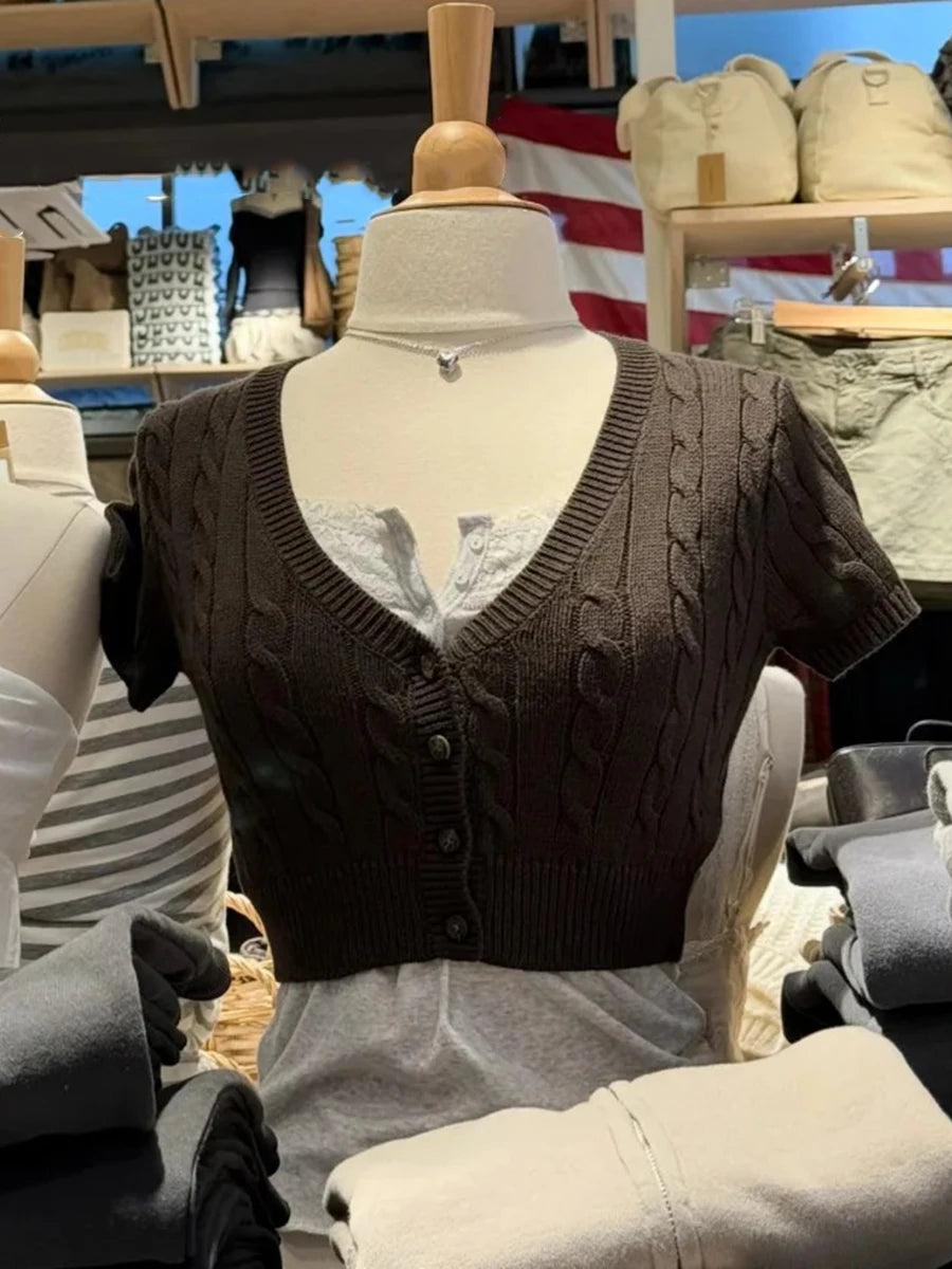 Women's Cropped V Neck Button Front Cardigan Casual Knit Layer