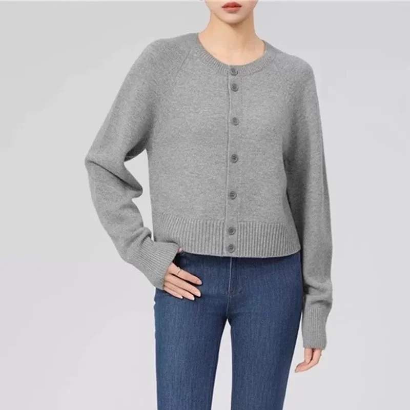 Autumn/Winter round-neck 100% wool knitted sweater cardigan women's coat long-sleeved top