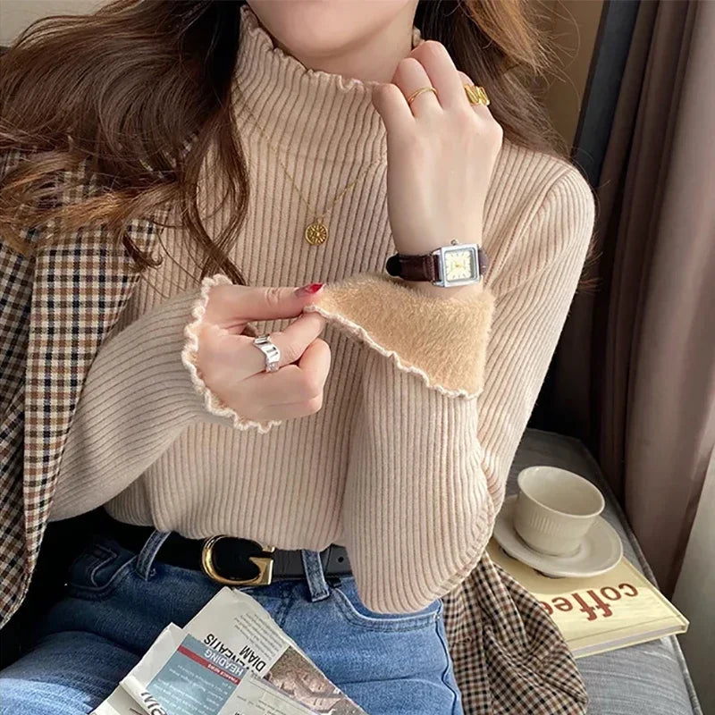 Women's Ribbed Mock Neck Flare Cuff Sweater Casual Knit Layer