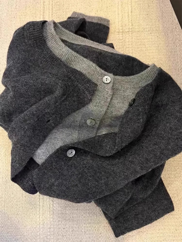 Fake two 100% pure cashmere sweater cardigan dark grey high-grade wool knit coat top