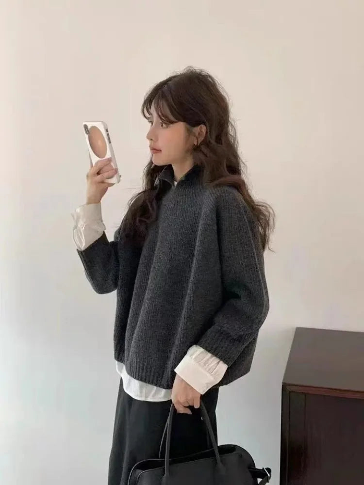 Half-open high-neck three-quarter sleeve cashmere sweater women loose cashmere sweater for autumn and winter thickened sweater